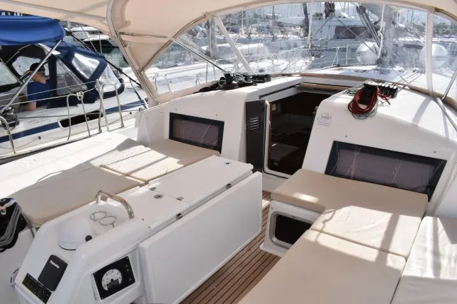 Cockpit of PROUD MARY, a Jeanneau Sun Odyssey 440 sailboat at Sukošan, Croatia