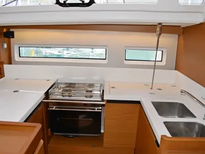 Galley of PROUD MARY, a Jeanneau Sun Odyssey 440 sailboat at Sukošan, Croatia