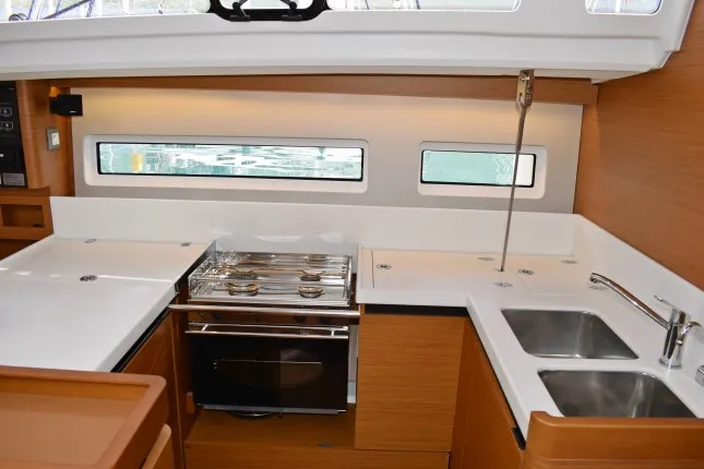 Galley of PROUD MARY, a Jeanneau Sun Odyssey 440 sailboat at Sukošan, Croatia