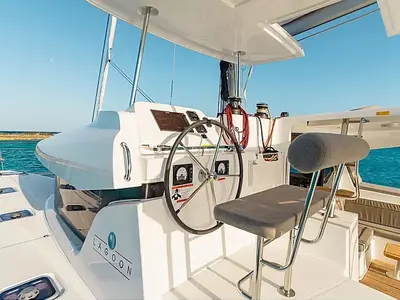 Cockpit of Skylight, a Lagoon 42 catamaran at Grad Trogir, Croatia