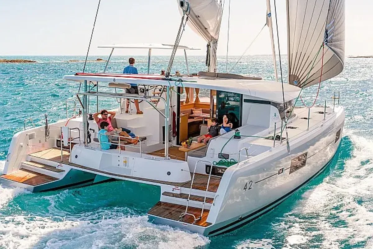 Exterior view of Skylight, a Lagoon 42 catamaran at Grad Trogir, Croatia