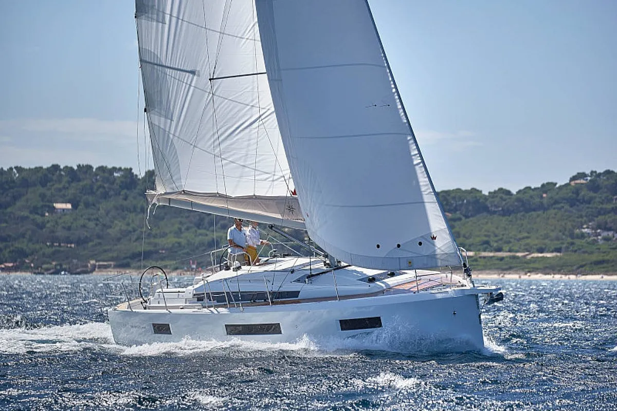 Exterior view of Navillera, a Jeanneau Sun Odyssey 440 sailboat at Skiathos, Greece