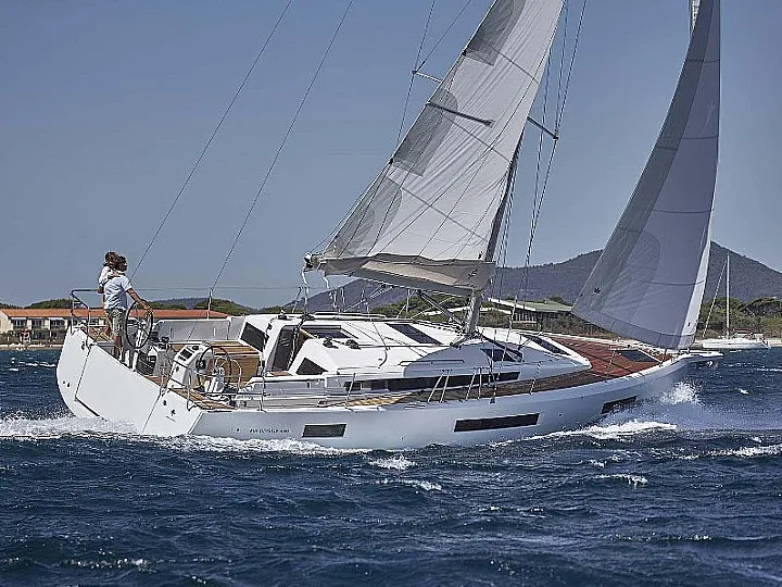 Exterior view of Navillera, a Jeanneau Sun Odyssey 440 sailboat at Skiathos, Greece
