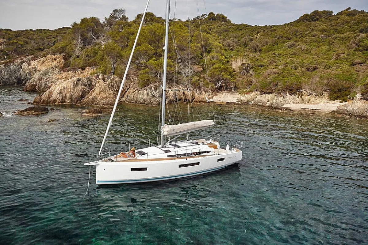 Exterior view of Navillera, a Jeanneau Sun Odyssey 440 sailboat at Skiathos, Greece
