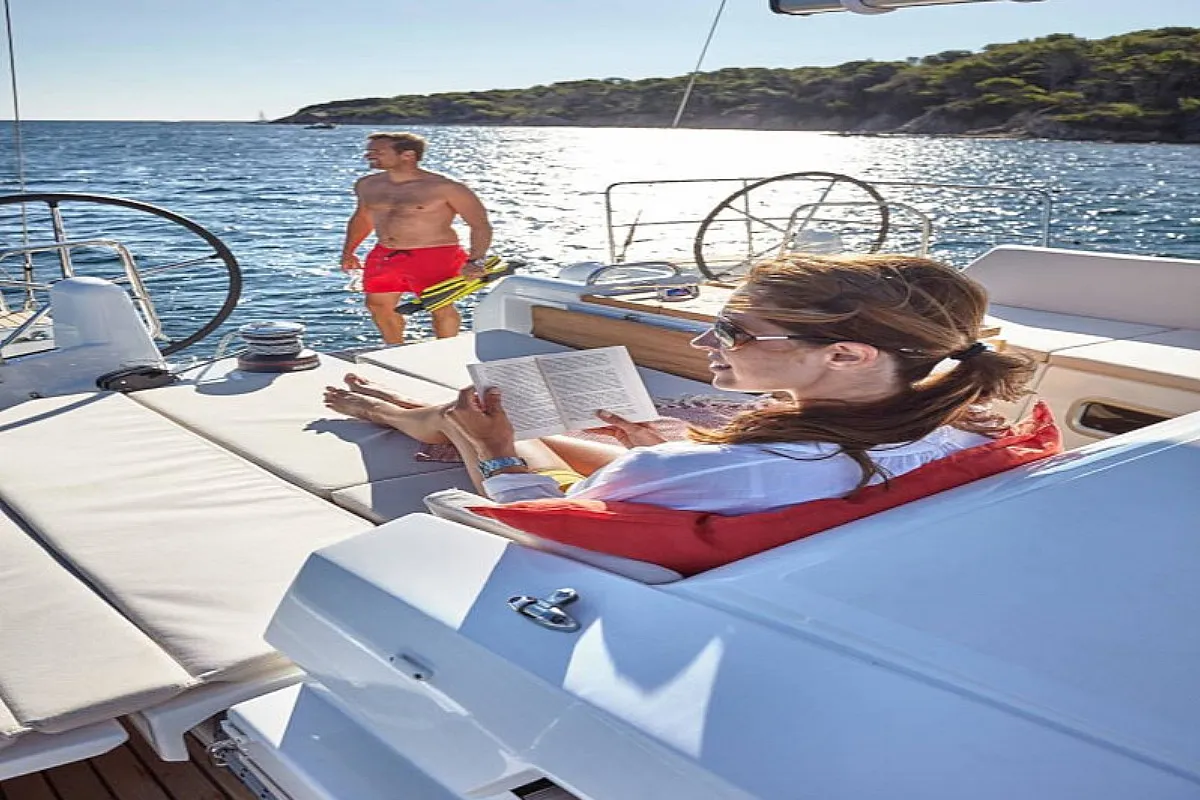 Deck of Navillera, a Jeanneau Sun Odyssey 440 sailboat at Skiathos, Greece