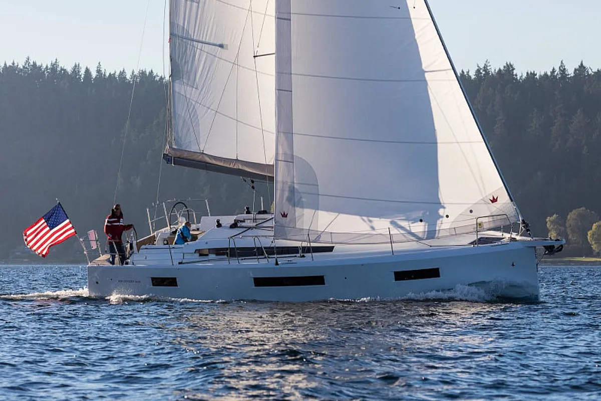 Exterior view of Navillera, a Jeanneau Sun Odyssey 440 sailboat at Skiathos, Greece