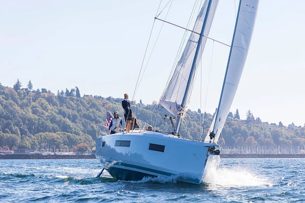Exterior view of Navillera, a Jeanneau Sun Odyssey 440 sailboat at Skiathos, Greece
