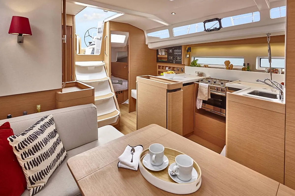 Salon of Navillera, a Jeanneau Sun Odyssey 440 sailboat at Skiathos, Greece