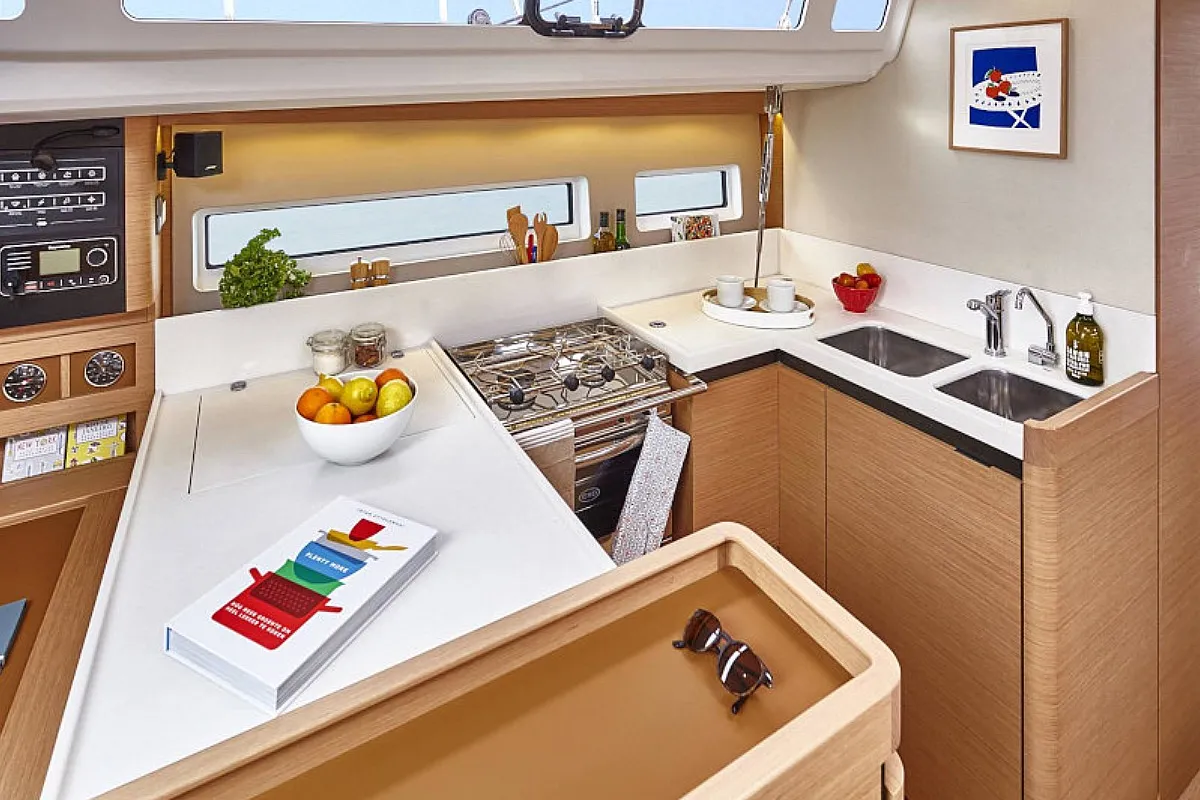 Galley of Navillera, a Jeanneau Sun Odyssey 440 sailboat at Skiathos, Greece