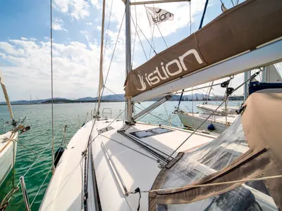 Galley of Navillera, a Jeanneau Sun Odyssey 440 sailboat at Skiathos, Greece