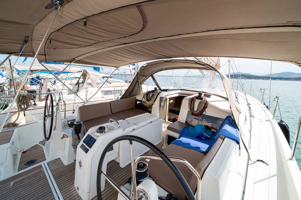 Head on Navillera, a Jeanneau Sun Odyssey 440 sailboat at Skiathos, Greece