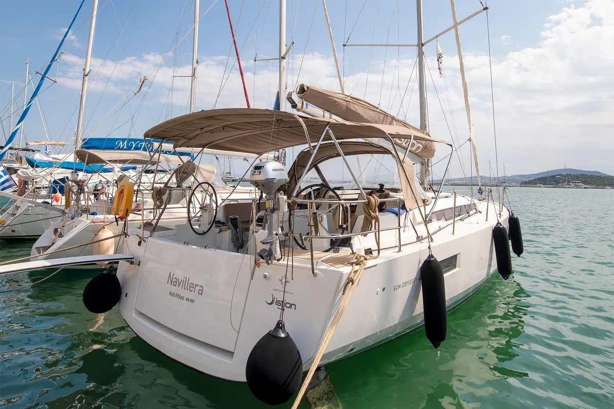 Exterior view of Navillera, a Jeanneau Sun Odyssey 440 sailboat at Skiathos, Greece
