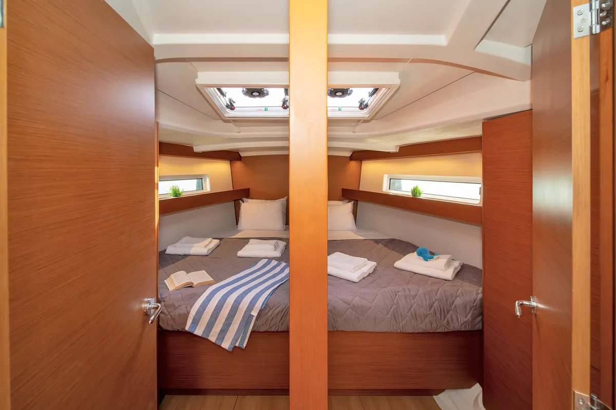 Cabin on Navillera, a Jeanneau Sun Odyssey 440 sailboat at Skiathos, Greece