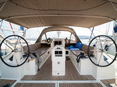 Cockpit of Navillera, a Jeanneau Sun Odyssey 440 sailboat at Skiathos, Greece