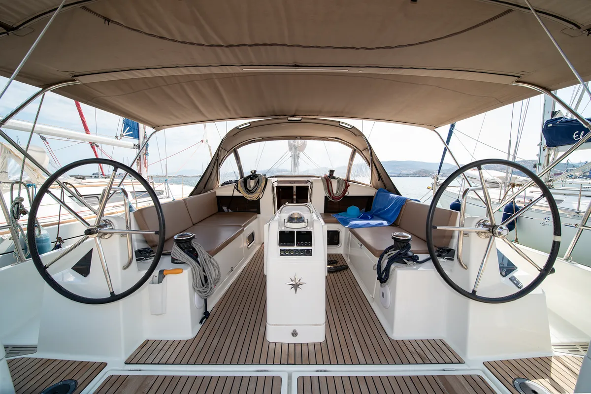 Cockpit of Navillera, a Jeanneau Sun Odyssey 440 sailboat at Skiathos, Greece