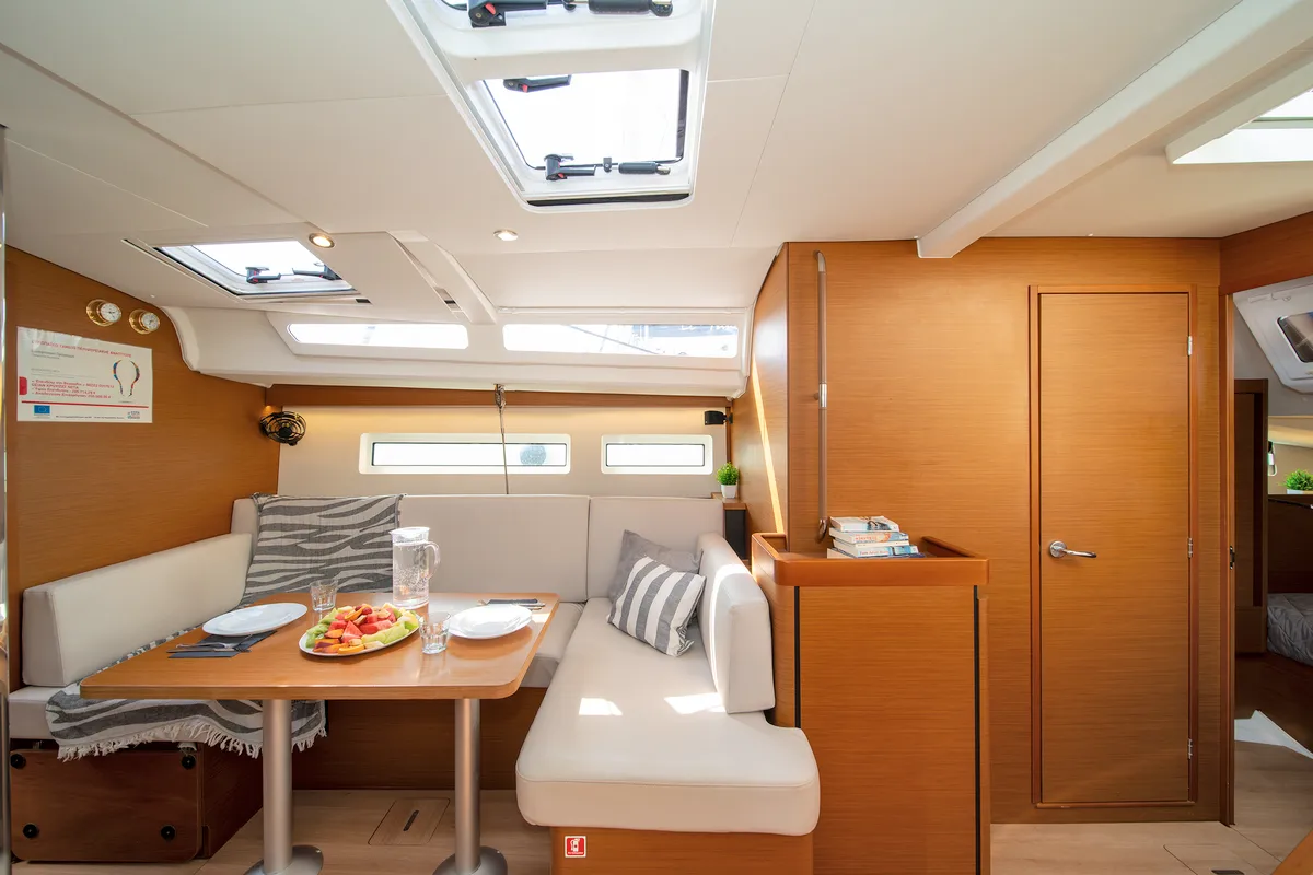 Salon of Navillera, a Jeanneau Sun Odyssey 440 sailboat at Skiathos, Greece