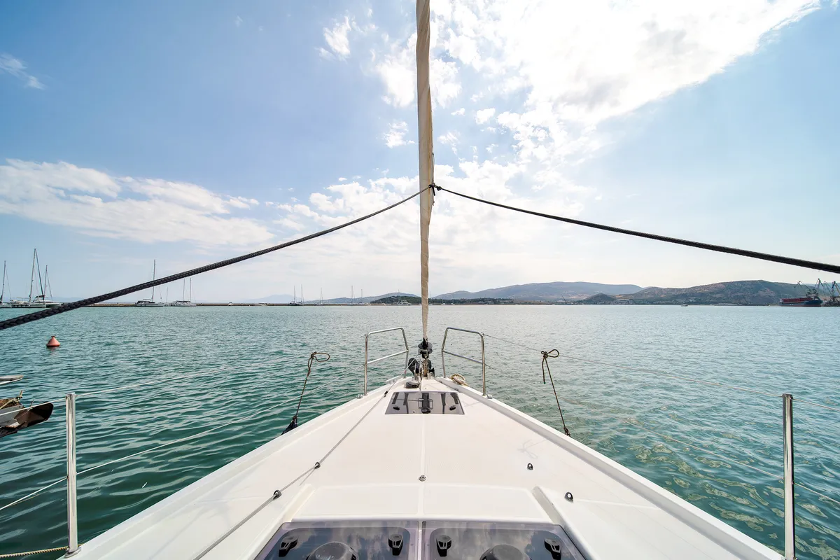 Exterior view of Navillera, a Jeanneau Sun Odyssey 440 sailboat at Skiathos, Greece