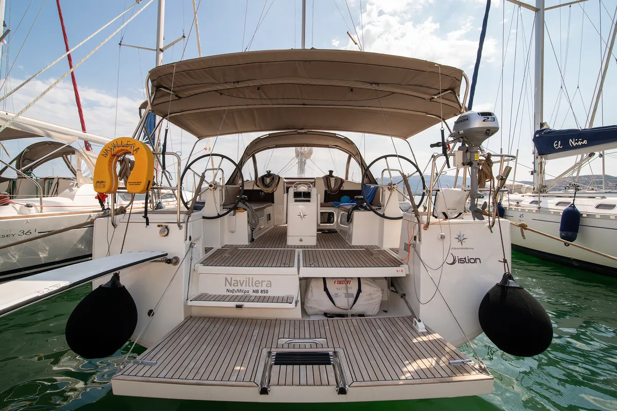 Exterior view of Navillera, a Jeanneau Sun Odyssey 440 sailboat at Skiathos, Greece