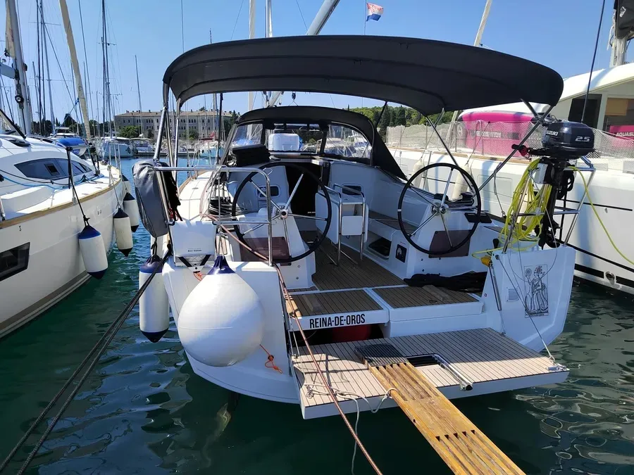 Exterior view of Reina De Oros, a Jeanneau Sun Odyssey 349 sailboat at Grad Pula, Croatia