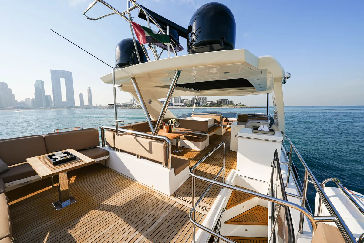 Bella 780, a Galeon 780 motor yacht at Dubai Harbour, United Arab Emirates