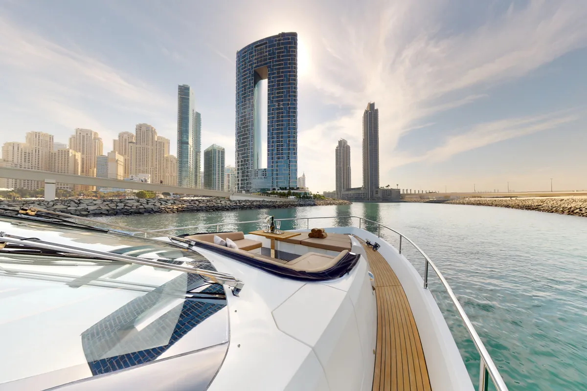 Bella 780, a Galeon 780 motor yacht at Dubai Harbour, United Arab Emirates