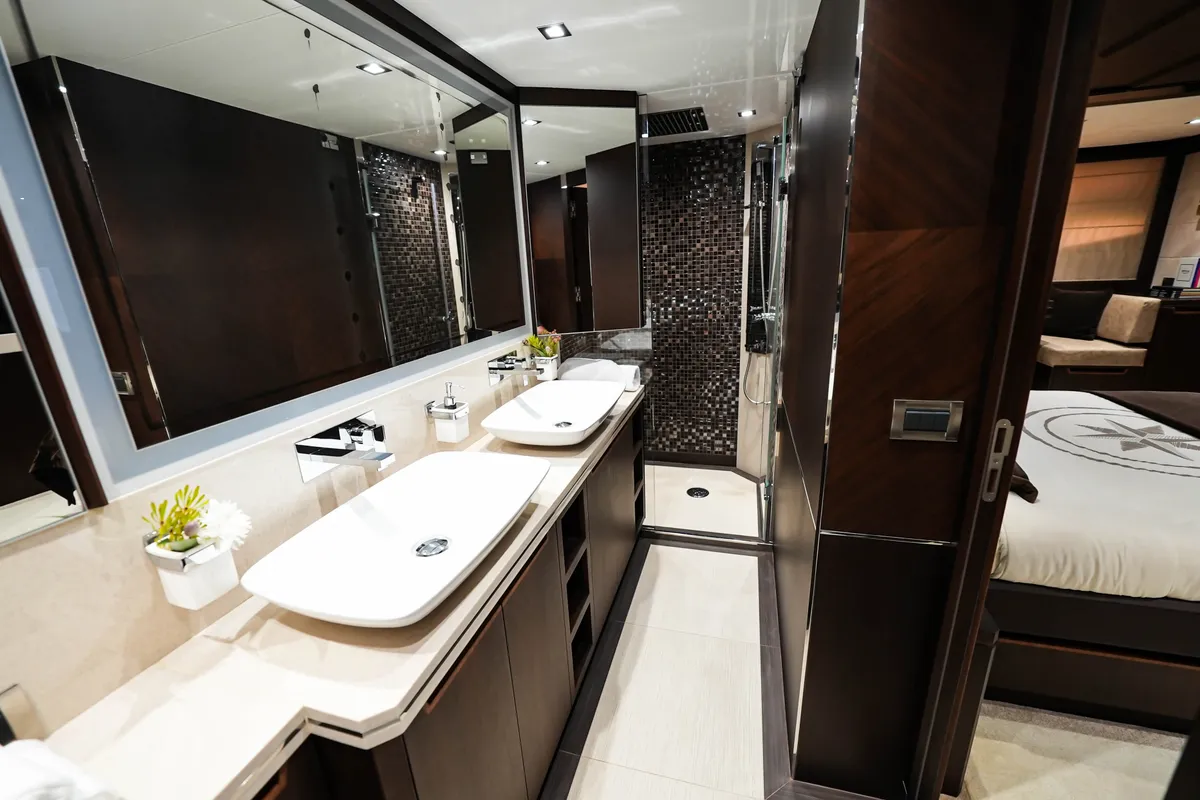 Bella 780, a Galeon 780 motor yacht at Dubai Harbour, United Arab Emirates