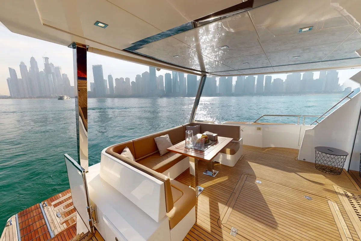 Bella 780, a Galeon 780 motor yacht at Dubai Harbour, United Arab Emirates