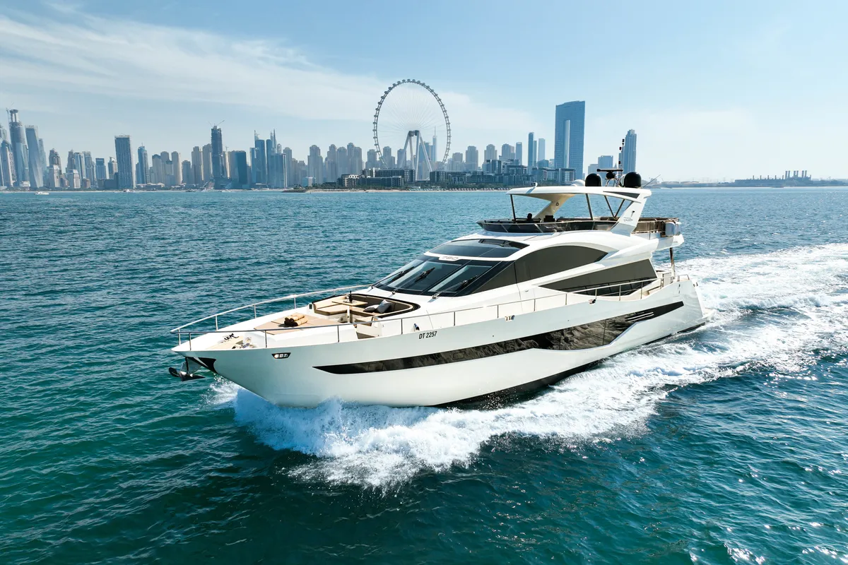 Bella 780, a Galeon 780 motor yacht at Dubai Harbour, United Arab Emirates