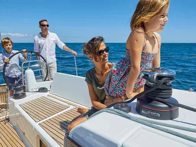 Deck of Nantes, a Jeanneau Sun Odyssey 440 sailboat at Capo d'Orlando, Italy