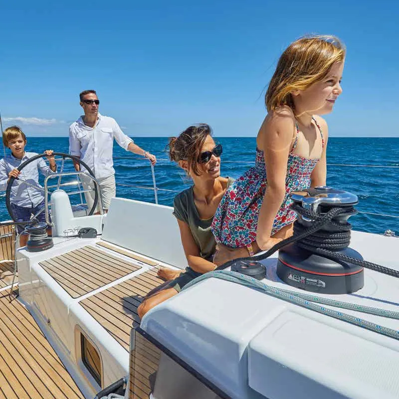 Deck of Nantes, a Jeanneau Sun Odyssey 440 sailboat at Capo d'Orlando, Italy