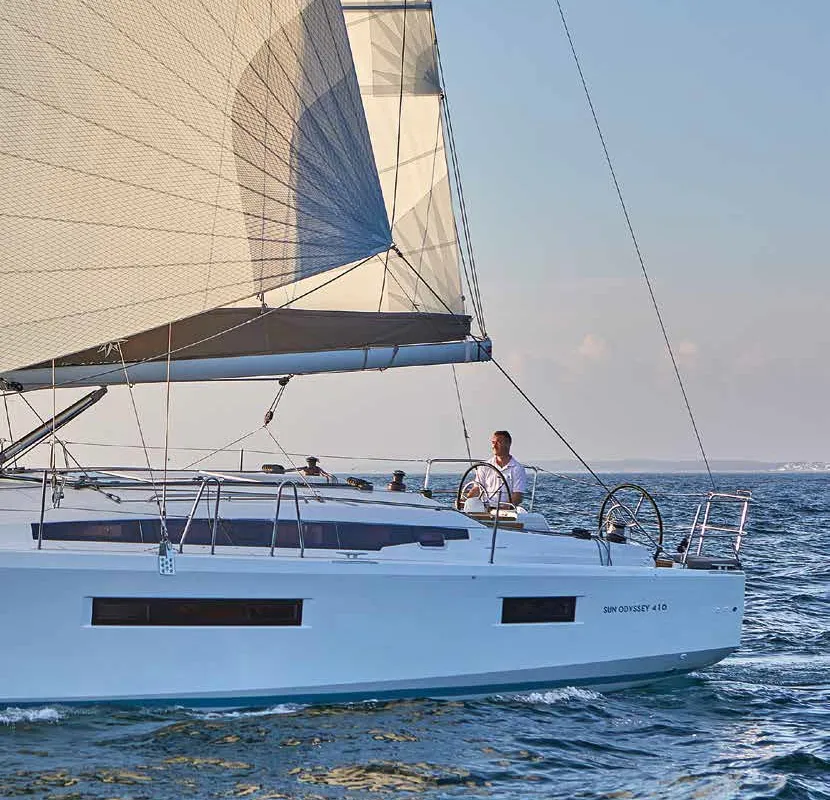Exterior view of Nantes, a Jeanneau Sun Odyssey 440 sailboat at Capo d'Orlando, Italy