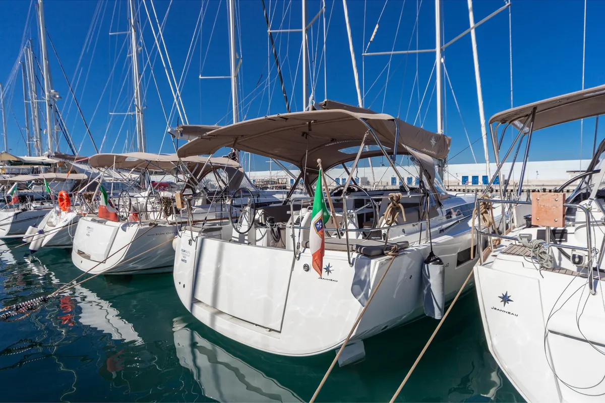 Exterior view of Nantes, a Jeanneau Sun Odyssey 440 sailboat at Capo d'Orlando, Italy