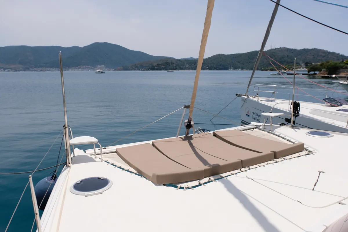 Deck of Mirada, a Fountaine Pajot Lipari 41 catamaran at Fethiye, Turkey