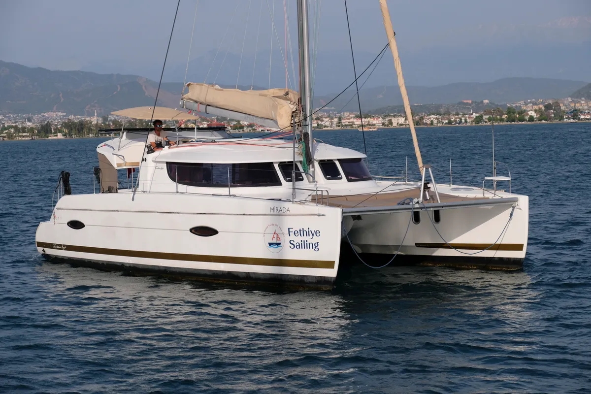 Exterior view of Mirada, a Fountaine Pajot Lipari 41 catamaran at Fethiye, Turkey