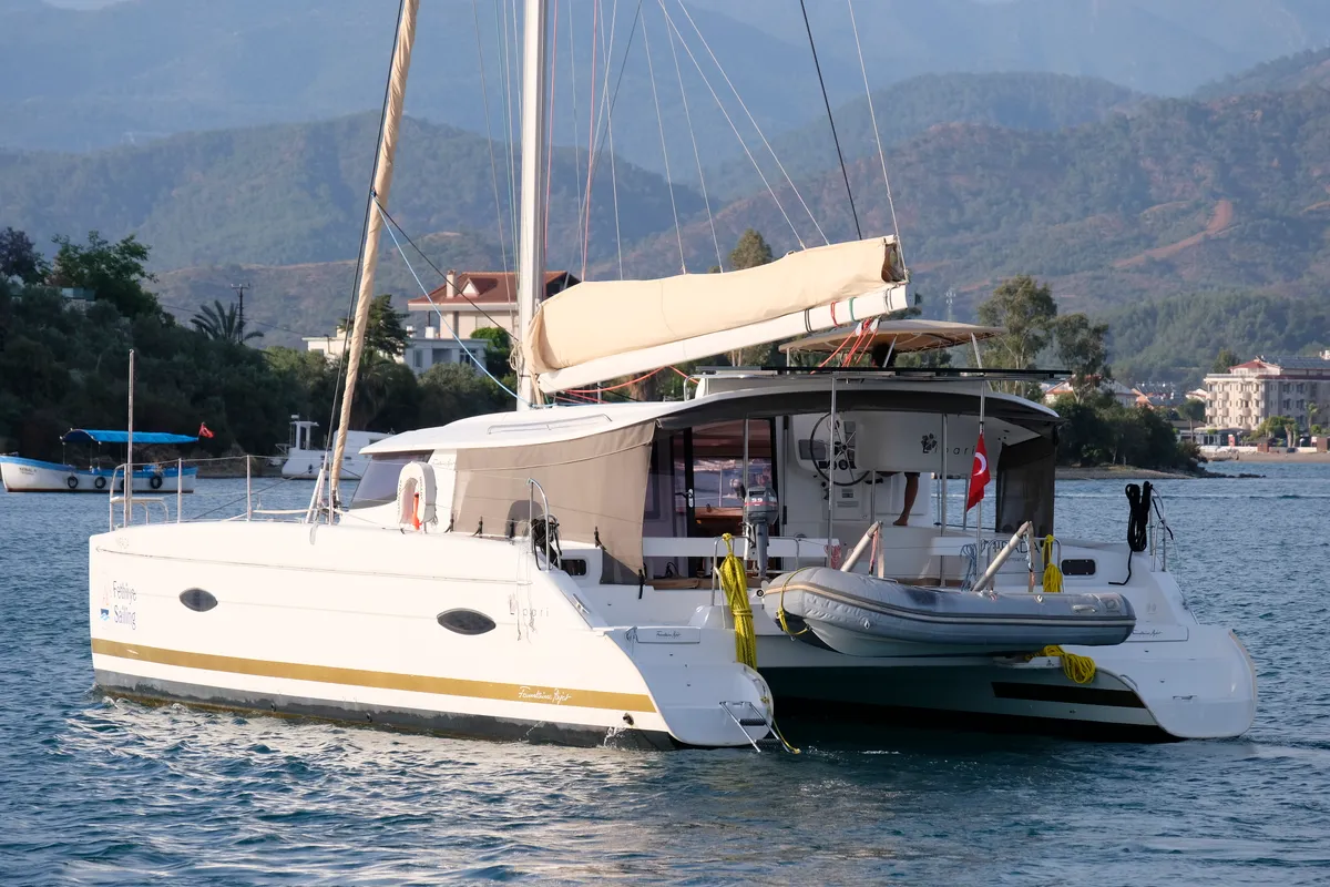 Exterior view of Mirada, a Fountaine Pajot Lipari 41 catamaran at Fethiye, Turkey