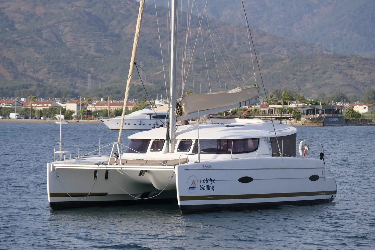 Exterior view of Mirada, a Fountaine Pajot Lipari 41 catamaran at Fethiye, Turkey