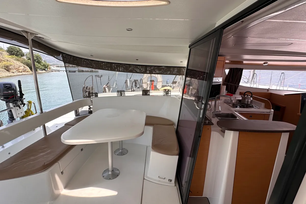 Deck of Mirada, a Fountaine Pajot Lipari 41 catamaran at Fethiye, Turkey