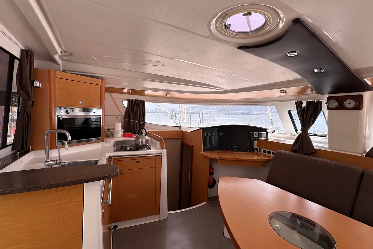 Salon of Mirada, a Fountaine Pajot Lipari 41 catamaran at Fethiye, Turkey