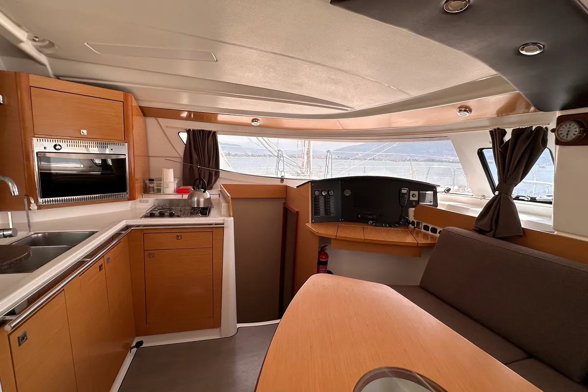 Salon of Mirada, a Fountaine Pajot Lipari 41 catamaran at Fethiye, Turkey