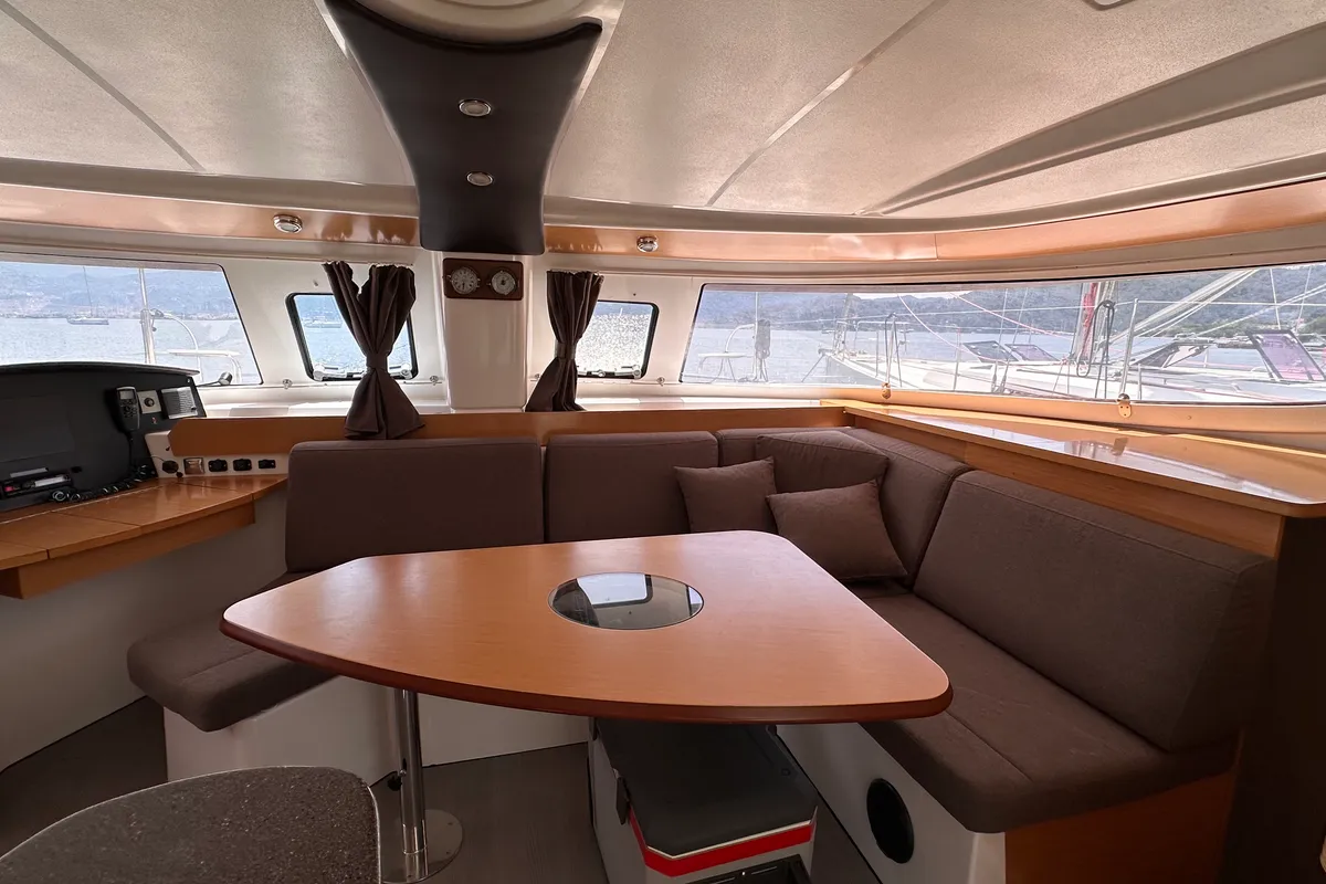 Salon of Mirada, a Fountaine Pajot Lipari 41 catamaran at Fethiye, Turkey