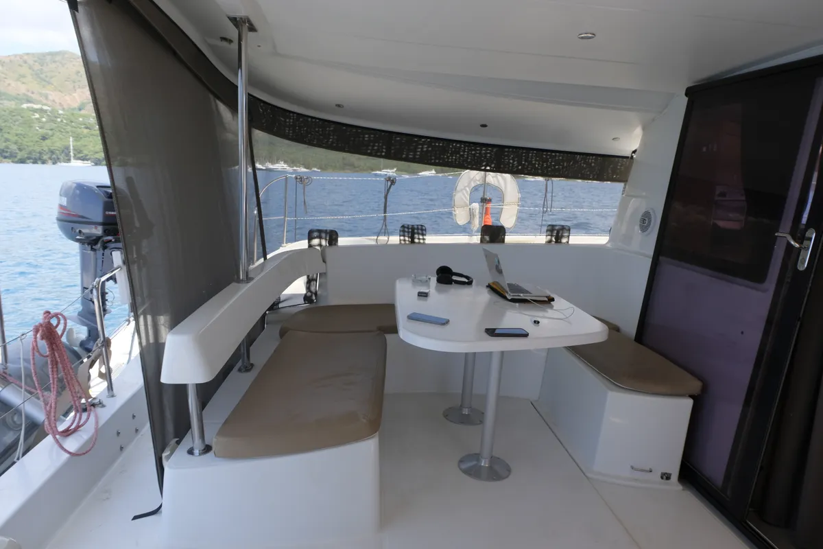 Deck of Mirada, a Fountaine Pajot Lipari 41 catamaran at Fethiye, Turkey