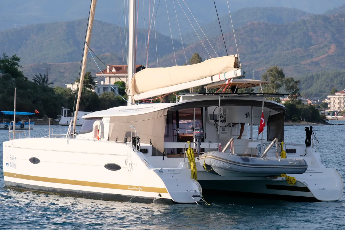 Exterior view of Mirada, a Fountaine Pajot Lipari 41 catamaran at Fethiye, Turkey