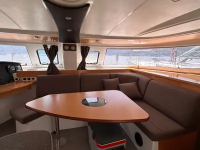 Salon of Mirada, a Fountaine Pajot Lipari 41 catamaran at Fethiye, Turkey
