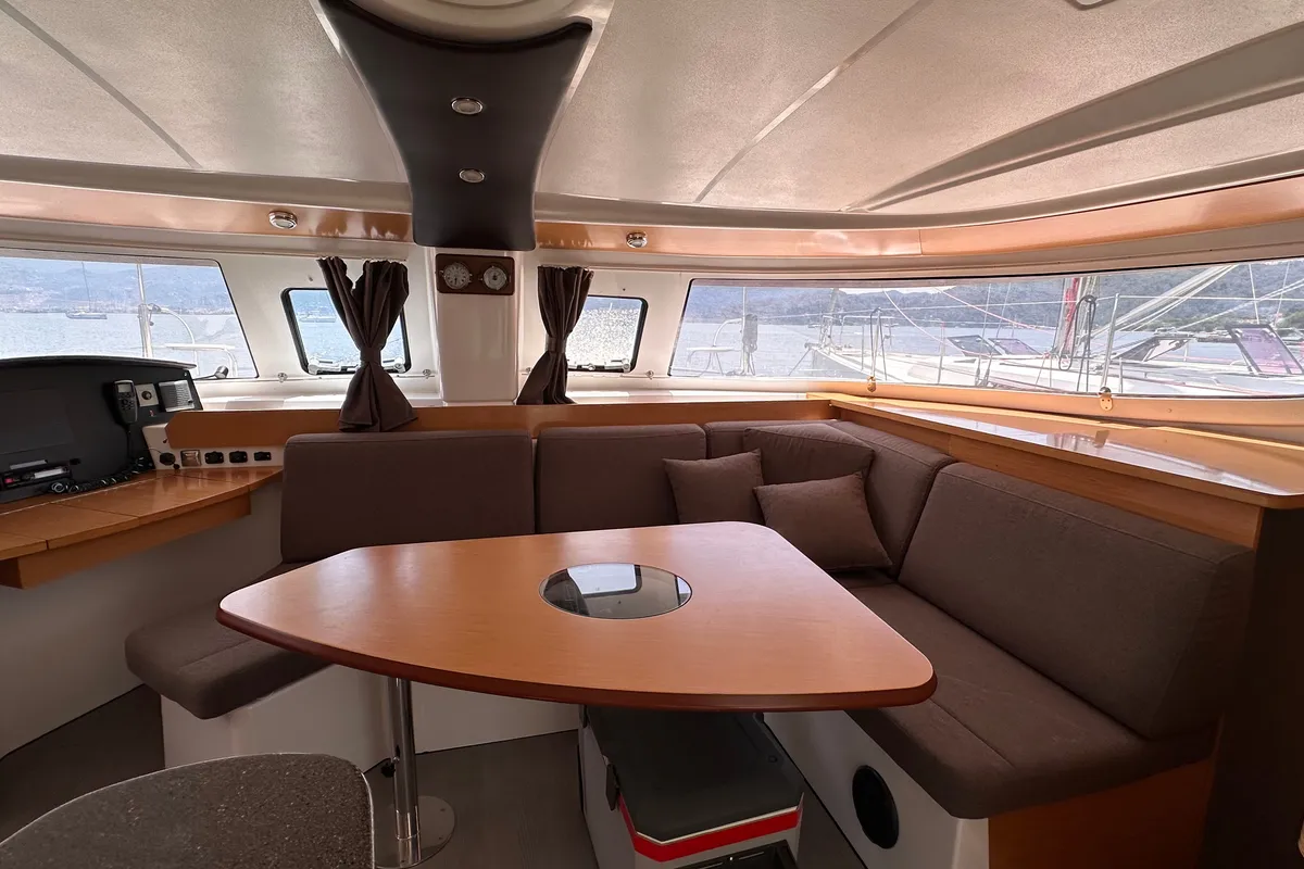 Salon of Mirada, a Fountaine Pajot Lipari 41 catamaran at Fethiye, Turkey