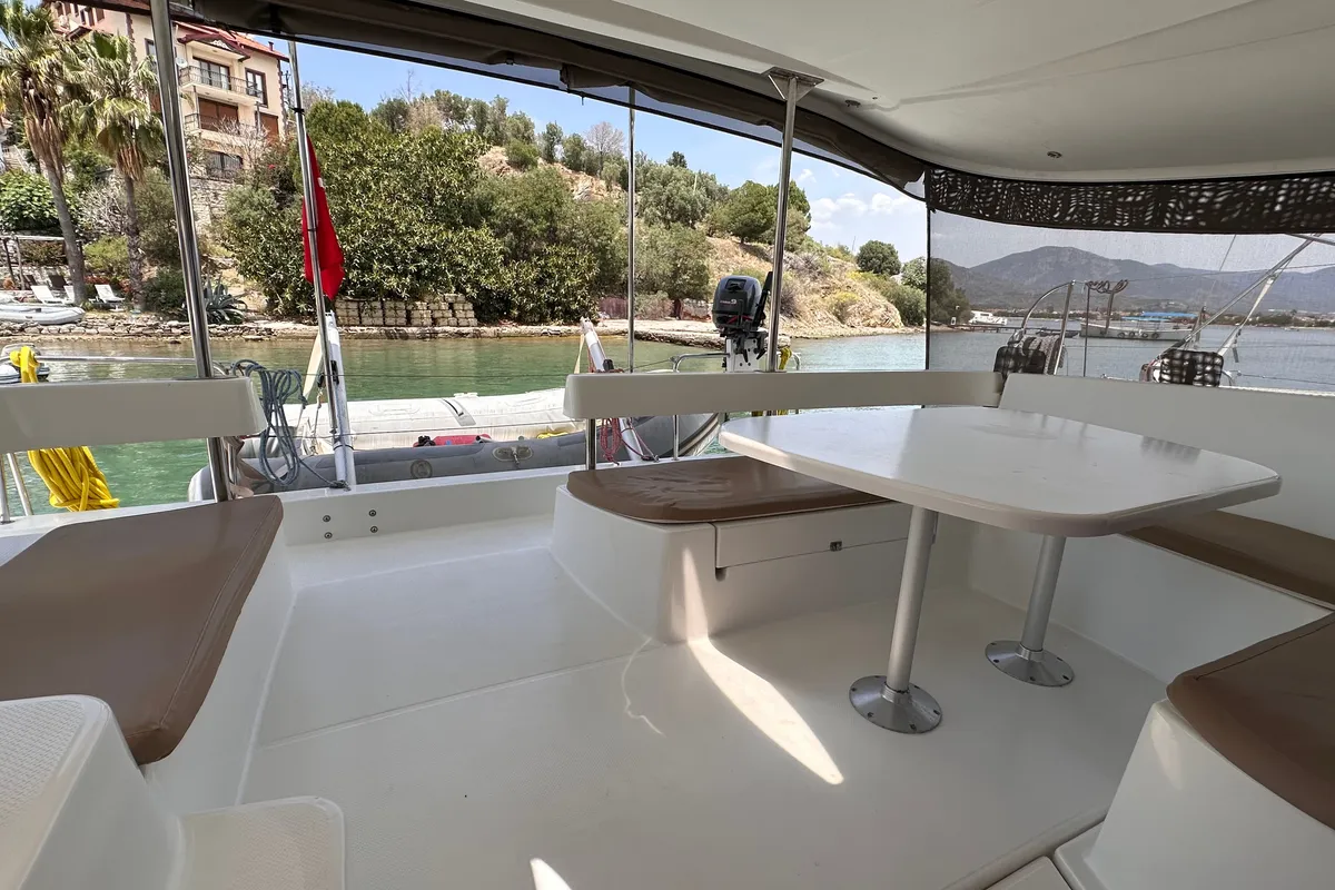Deck of Mirada, a Fountaine Pajot Lipari 41 catamaran at Fethiye, Turkey