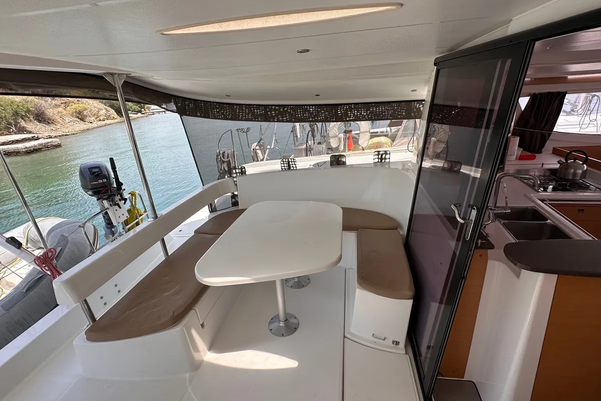 Deck of Mirada, a Fountaine Pajot Lipari 41 catamaran at Fethiye, Turkey