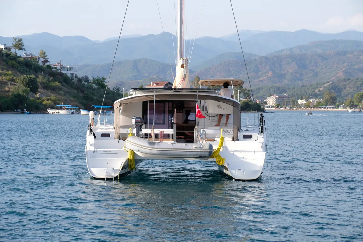 Exterior view of Mirada, a Fountaine Pajot Lipari 41 catamaran at Fethiye, Turkey