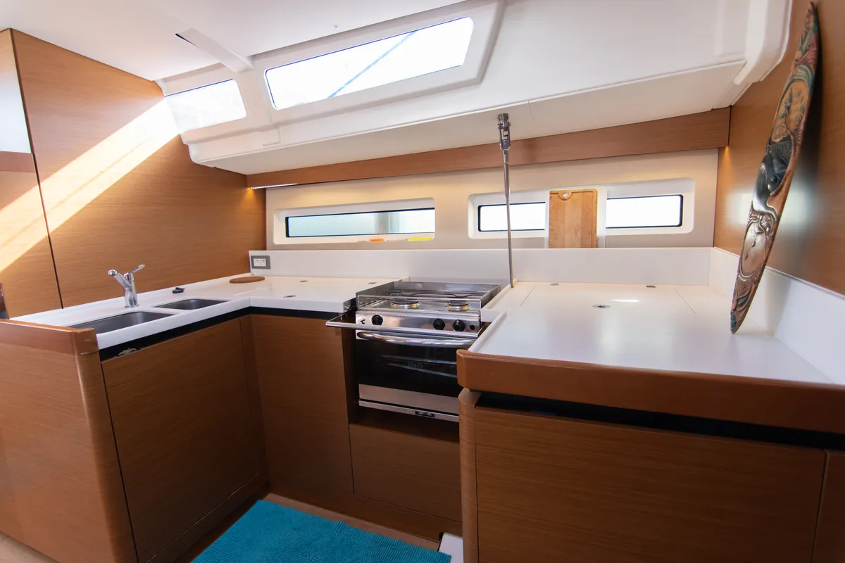 Galley of Jeanneau Sun Odyssey 490, a sailboat at es Jonquet, Spain