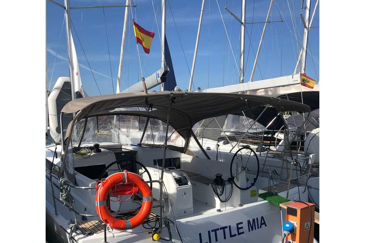 Cockpit of Jeanneau Sun Odyssey 490, a sailboat at es Jonquet, Spain