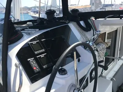 Cockpit of Tulip, a Lagoon 400 S2 catamaran at Lavreotiki Municipal Unit, Greece